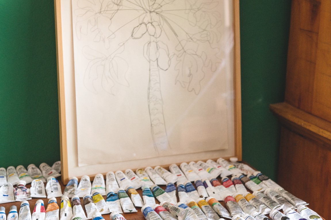 Descrição da imagem: fotografia colorida e horizontal que exibe uma mesa de madeira com diversas tintas coloridas sobre ela. A mesa está encostada em uma parede verde. Há mais de 50 tubos de tinta sobre ela, dispostos em quatro fileiras e organizados por cor. Há tubos amarelos, vermelhos, verdes, azuis, de diversos tons, entre outras cores. Atrás das tintas, há um desenho em grafite, emoldurado, de um coqueiro com frutos. No canto direito da imagem, há uma estante marrom de madeira. Fim da descrição da imagem.