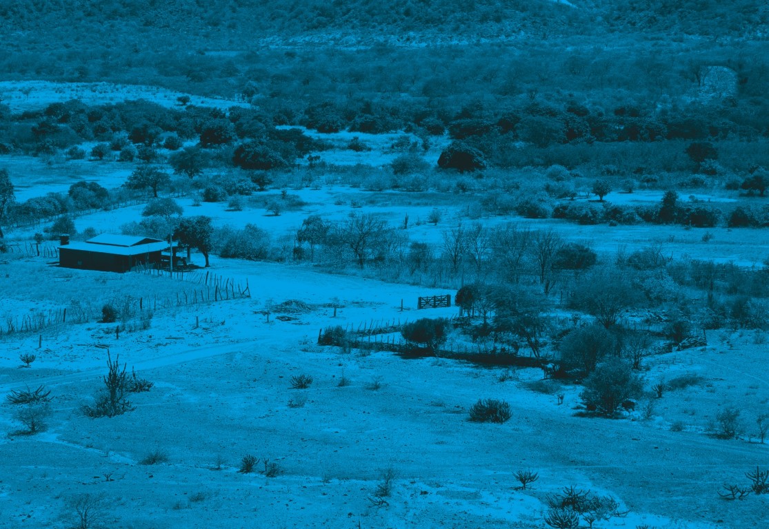 Descrição da imagem: fotografia horizontal colorida com filtro azul. Vista aérea de uma casa térrea simples em uma área rural em um território semiárido. A casa está no canto esquerdo da imagem. Ela possui telhado de duas águas e uma varanda térrea. À frente dela há uma área cercada, provavelmente um quintal, com algumas árvores. Há um caminho de terra que se estende do canto inferior direito da imagem até a casa, passando por um portão de madeira. Ao redor da casa, e por toda a imagem, há diversas árvores, arbustos e vegetação rasteira. Fim da descrição da imagem.