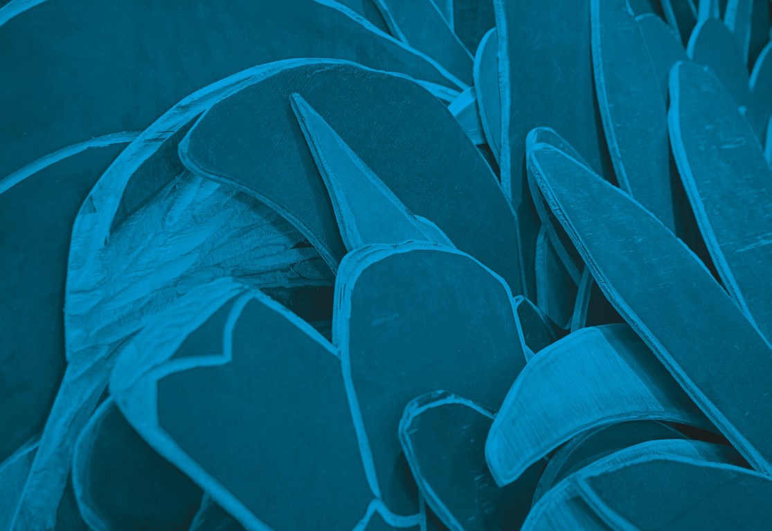 Descrição da imagem: fotografia horizontal colorida com filtro azul. Um amontoado de matrizes de xilogravura, no formato de folhas, estão apoiadas na parede uma sobre as outras. As peças preenchem toda a área da fotografia. Fim da descrição da imagem.