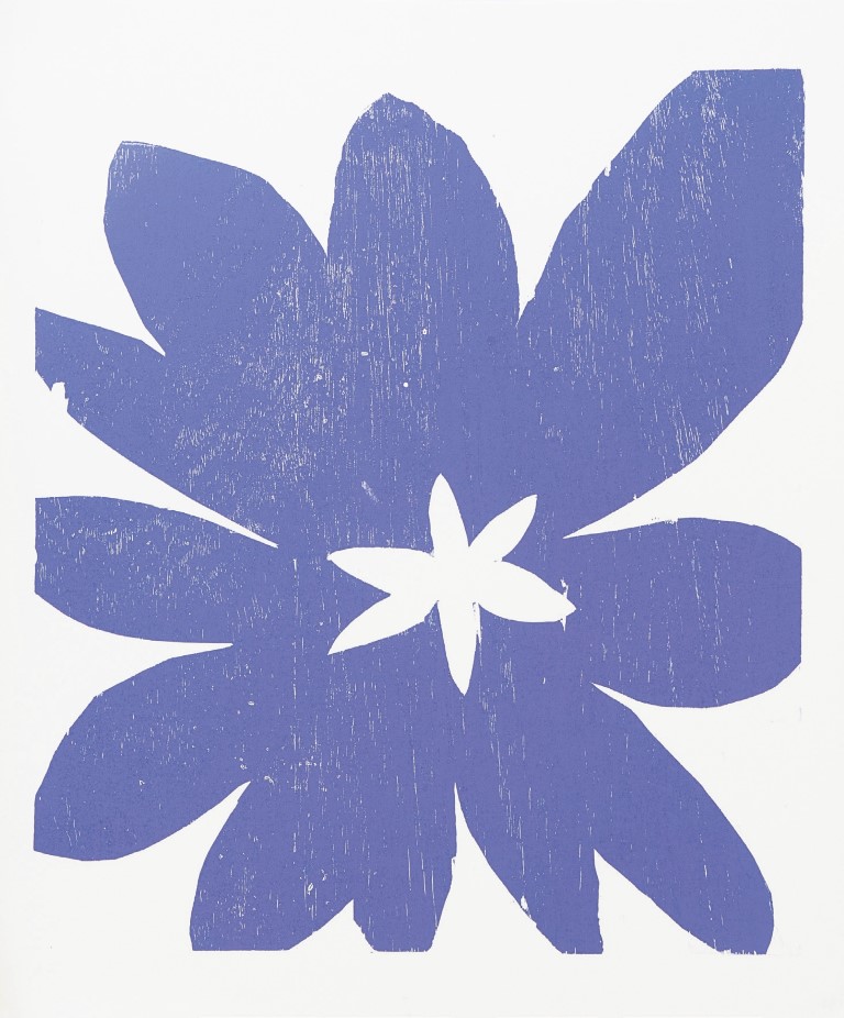 Descrição da imagem: sobre fundo branco, xilogravura centralizada de uma flor azul com miolo branco, também em formato de flor. A flor azul possui onze pétalas de bordas arredondadas e a flor branca possui seis pétalas mais pontiagudas. Há marcas da textura de madeira pela xilogravura. Fim da descrição da imagem.