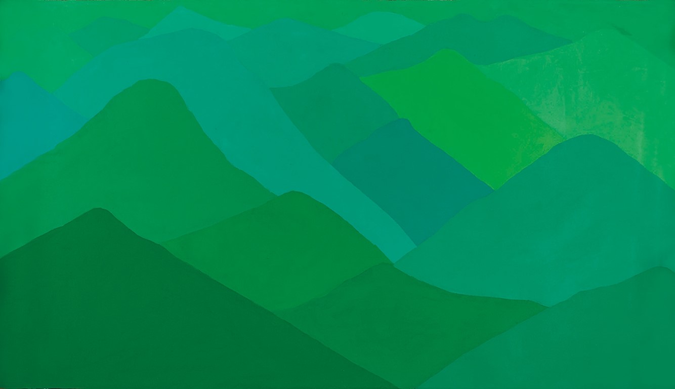 Descrição da imagem: pintura de uma paisagem montanhosa com céu verde. Na paisagem, as montanhas são coloridas em diversos tons de verde que variam entre claros, na parte superior, e escuros na parte inferior. São quase duas dezenas de montanhas criando um efeito visual chamado "mares de morros". Fim da descrição da imagem.