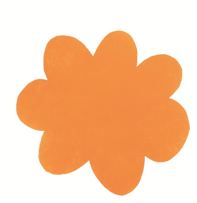 Descrição da imagem: Imagem da capa do catálogo. Xilogravura de uma mancha laranja que se assemelha a uma flor com sete pétalas. Ela está centralizada em um fundo branco. Fim da descrição da imagem.