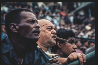 Descrição da imagem: Fotografia colorida horizontal. A foto mostra três homens lado a lado, assistindo uma partida de futebol em uma arquibancada de estádio. Eles estão de perfil, com os rostos virados para a direita, com olhares atentos. Em primeiro plano, à esquerda, um homem negro com bigode, cabelos curtos e camisa azul escura segura um cigarro entre os dedos. Ao centro, um homem careca, com poucos cabelos e bigode branco, fuma um charuto pousado nos lábios. À direita, o homem mais jovem entre eles, de cabelos pretos, exibe uma expressão de atenção. O ambiente está lotado e o fundo da imagem está desfocado. Fim da descrição da imagem.