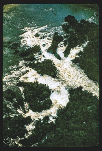 Descrição da imagem: Fotografia vertical colorida de uma paisagem fluvial vista de cima. A imagem mostra um rio com águas turbulentas que se dividem em múltiplos canais, formando uma série de corredeiras brancas que contrastam com a vegetação densa e verde-escura ao redor. A água se move rapidamente, criando espumas brancas enquanto passa por entre as ilhas de vegetação. Ao fundo, o rio se expande em uma superfície mais calma de cor verde-azulada. A imagem destaca a força do fluxo da água em meio à vegetação densa. Fim da descrição da imagem.