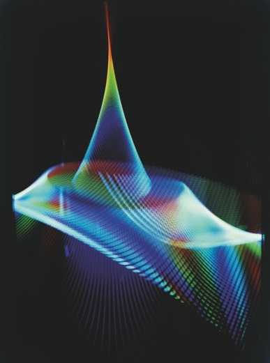 Descrição da imagem: Fotografia vertical colorida de um efeito visual abstrato de luz. A imagem apresenta uma estrutura luminosa em forma de onda, com padrões curvos e cores vibrantes, como azul, verde, vermelho e amarelo, em um fundo preto. As luzes parecem criar um movimento dinâmico, lembrando uma superfície de tecido ondulando ou um gráfico tridimensional. Fim da descrição da imagem.