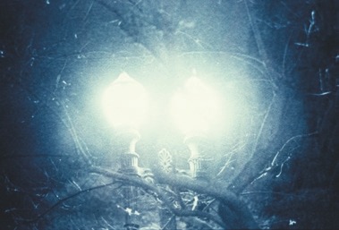 Descrição da imagem: Fotografia vertical colorida de dois postes de iluminação antigos, cujas luzes estão acesas e brilhantes. A cena é capturada à noite, com galhos de árvores parcialmente visíveis ao redor das luzes, com o brilho intenso, iluminando uma espécie de neblina. Fim da descrição da imagem.