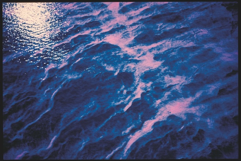 Descrição da imagem: Fotografia horizontal colorida de uma superfície de água capturada sob uma luz roxa e azulada. A imagem mostra ondas suaves e texturas na água, com áreas iluminadas criando reflexos brilhantes. O contraste entre os tons de rosa, azul e roxo. Fim da descrição da imagem.