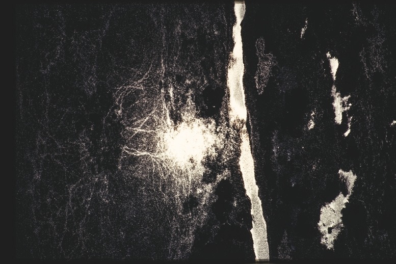 Descrição da imagem: Fotografia horizontal em preto e branco de uma paisagem capturada de cima, mostrando uma área com um rio alongado, com uma intensa luz refletida no centro. Fim da descrição da imagem.
