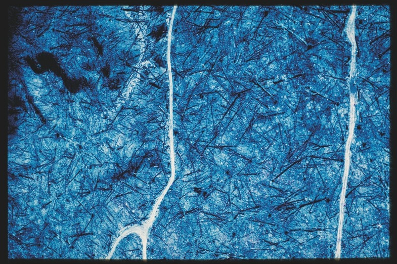 Descrição da imagem: Fotografia colorida horizontal. A imagem mostra uma superfície azul com padrões irregulares formados por traços finos e pretos que se cruzam e se espalham. Dois traços verticais brancos, maiores que os outros, percorrem toda a imagem, criando um contraste com o fundo azul. Fim da descrição da imagem.
