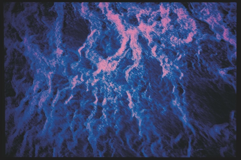 Descrição da imagem: Fotografia colorida horizontal. A Imagem aparesenta uma superfície líquida, com espumas azuis e roxas, criando um padrão de ondulações. As áreas de espuma têm um tom mais claro, contrastando com as áreas escuras ao redor. Fim da descrição da imagem.