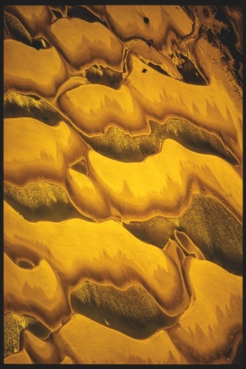 Descrição da imagem: Fotografia aérea vertical colorida mostrando um padrão repetitivo de dunas de areia em tons amarelos intensos, com áreas escuras entre as ondulações, onde estão bolsões de água iluminados pelo sol. As dunas têm formas curvas e suaves, e as sombras criam um contraste marcante que acentua as elevações e depressões da paisagem. Fim da descrição da imagem.
