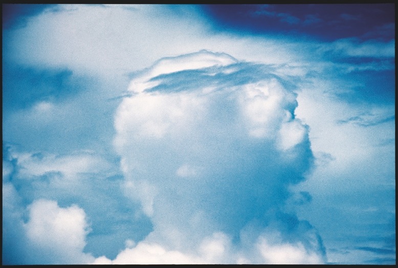 Descrição da imagem: Fotografia horizontal colorida de uma formação de nuvens brancas, em destaque contra um céu azul-claro. A imagem captura uma grande nuvem com contornos bem definidos e uma aparência volumosa, que se assemelha a silhueta de uma cabeça. Fim da descrição da imagem.