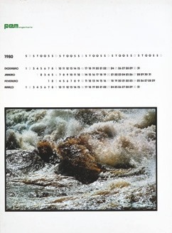 Descrição da imagem: imagem colorida, vertical, com um calendário de 1980, com os meses de dezembro, janeiro, fevereiro e março, e uma fotografia. O calendário é composto por números pretos em branco, com fundo branco e escrito "PEM - Engenharia" no canto superior esquerdo, me verde. A fotografia no canto inferior da imagem, em tons de branco, cinza e marrom, mostra um rio revolto e algumas rochas. Fim da descrição da imagem.