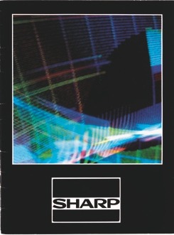 Descrição da imagem: A imagem é um catálogo de um produto da marca Sharp. A capa é composta por um fundo preto e uma imagem colorida no centro, em um quadrado branco. A imagem é abstrata com formas circulares e retangulares de diversas cores. Na parte inferior da imagem há uma caixa preta com o nome "SHARP" em branco. Fim da descrição da imagem.