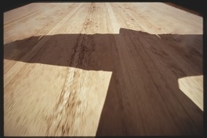 Descrição da Imagem: fotografia colorida e horizontal de uma sombra. No primeiro plano, uma sombra horizontal da cauda de um avião, em formato de cruz, projetada sobre um piso de chão batido. A sombra ocupa toda a extensão vertical da imagem. Fim da descrição da imagem.
