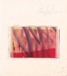 Descrição da imagem: Imagem colorida e vertical. Sobre um fundo claro, há uma fotografia central com tons predominantemente vermelhos e rosados, apresentando formas abstratas e sobreposições de sombras. Na parte superior do fundo claro, há uma assinatura azul manuscrita. Fim da descrição da imagem.