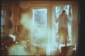 Descrição da imagem: Fotografia colorida de um ambiente interno iluminado pela luz do sol que entra por grandes janelas ao fundo. No centro da imagem, Barbara Livesay está de pé e de costas em frente à porta, olhando para o lado de fora, que é repleta de vegetação. Ela usa uma blusa clara e uma saia até o joelho. À esquerda, há prateleiras com livros e plantas, e em primeiro plano há caideras e mesas de uma sala de estar. A luz do sol cria um efeito de desfoque e brilho, suavisando a atmosfera da cena. Fim da descrição da imagem.