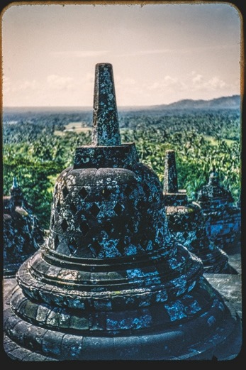 Descrição da imagem: Fotografia colorida com bordas desgastadas. No centro, um estupa de pedra (monumento da tradição budista que representa o universo e a mente dos seres iluminados) em primeiro plano, coberto por musgo ou líquen azulado. Ao fundo, uma vasta paisagem verde de floresta densa se estende até montanhas distantes no horizonte. O céu apresenta tons suaves. Fim da descrição da imagem.