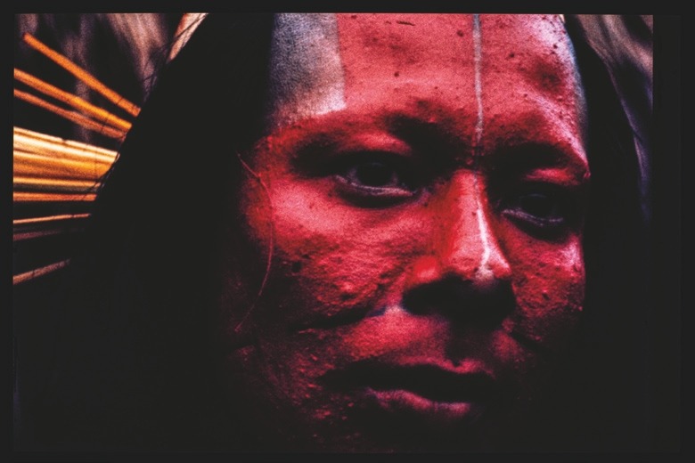 Descrição da imagem: Fotografia colorida vetical. Retrato de uma pessoa do povo Xikrin, da Amazônia. Seu rosto está pintado de vermelho, com apenas uma fina linha vertical, que vai da testa até o nariz, sem pintura. A pele apresenta uma textura granulada, destacando os traços faciais. A pessoa tem a expressão de concentração. No canto superior esquerdo, veem-se linhas douradas que parecem sair dos cabelos escuros da pessoa. Fim da descrição da imagem.