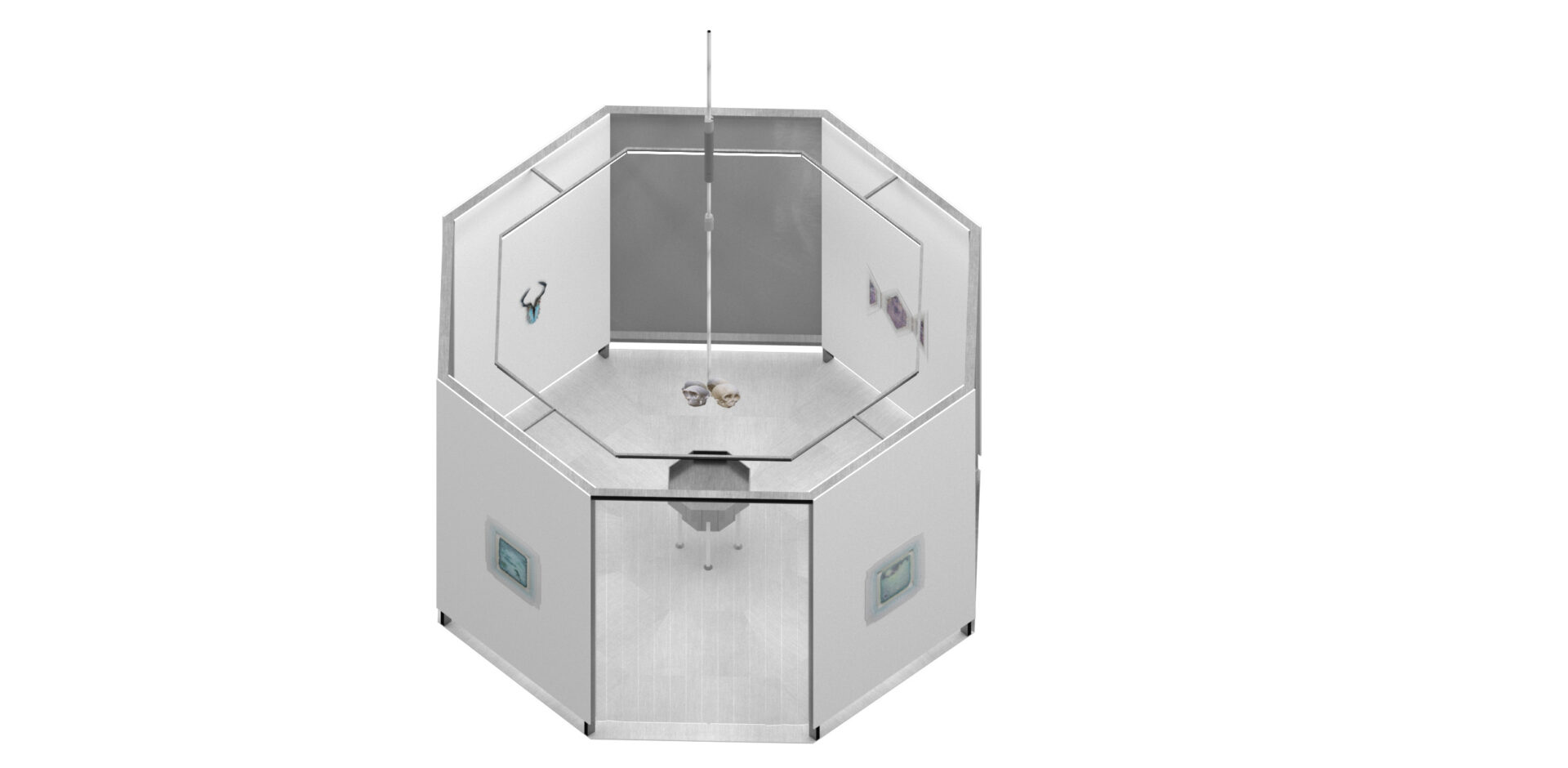 Desenho do projeto da instalação na horizontal em forma de octógono visto de cima. Tem 7 paredes brancas e uma transparente. Ao centro, um cabo fino de metal suspenso com quatro crânios na base. Abaixo, um pequeno tanque octogonal, também de metal com três estacas de sustentação. Nas paredes, estão expostas as cinco peças da Série “Pinturas Protéticas”. Fim da descrição da imagem.