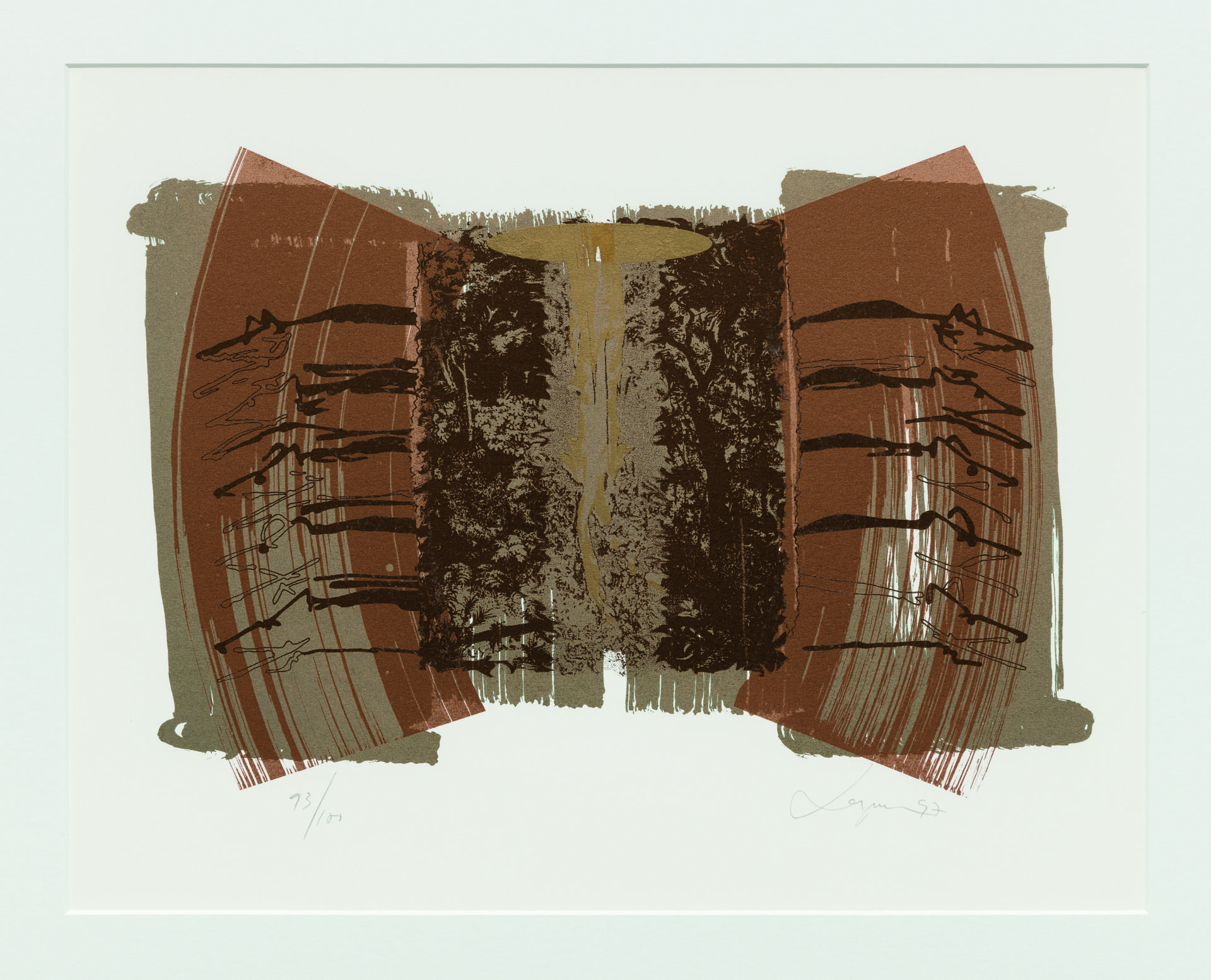 Descrição da imagem: Pintura abstrata. Ao centro, três pinceladas verticais grossas em marrom-acinzentado são sobrepostas por uma faixa vertical larga, marcada por manchas irregulares em marrom escuro e uma forma oval horizontal no topo em amarelado-claro. Essa faixa central é ladeada por duas faixas curvas translúcidas em marrom claro, com traços escuros, irregulares, horizontais, ligeiramente inclinados e paralelos. Abaixo da pintura, à esquerda, a inscrição: setenta e três de cem. À direita, uma assinatura ilegível e o ano noventa e sete. Fim da descrição. 

