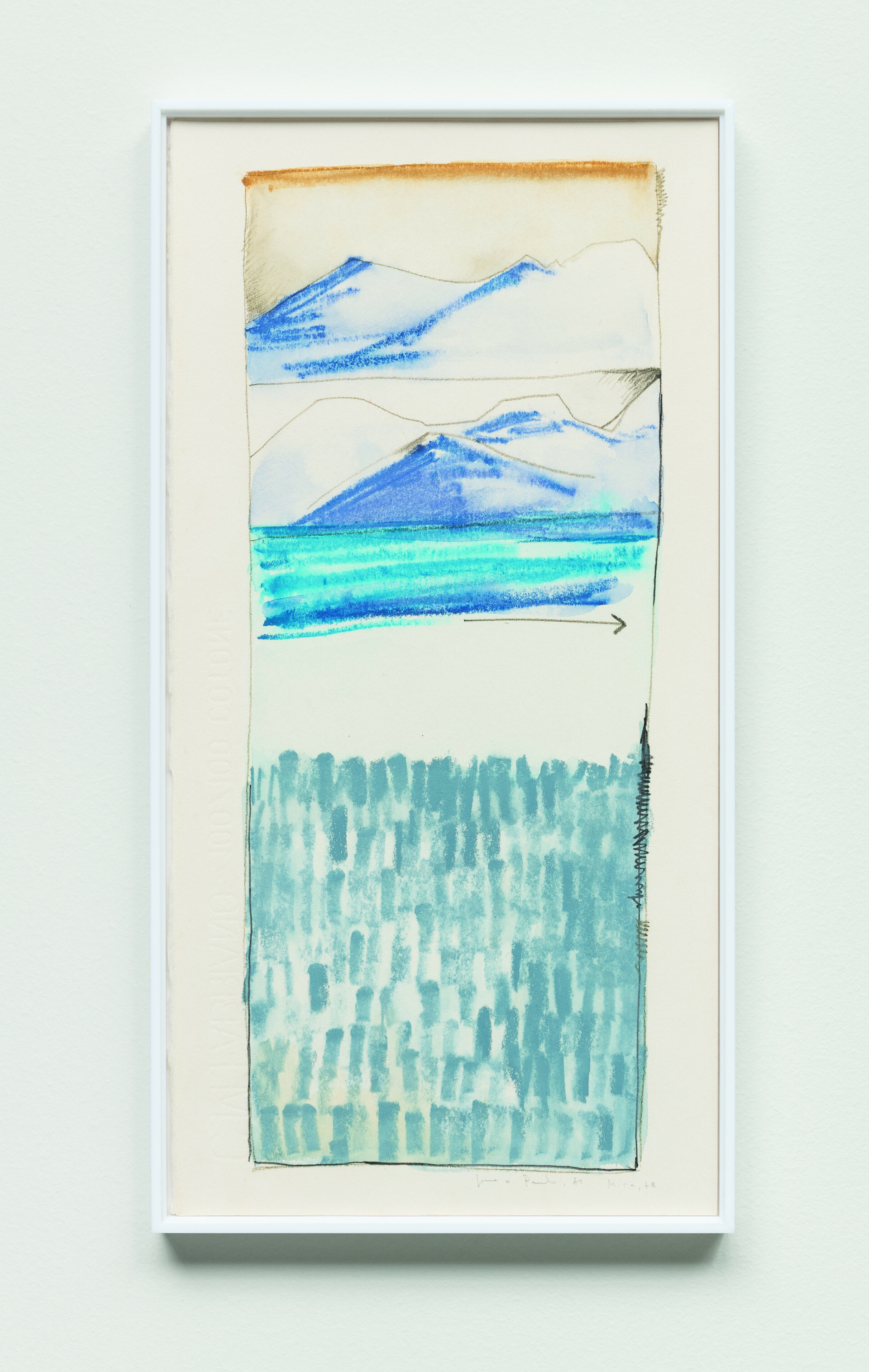 Descrição da imagem: Pintura de uma paisagem com céu, montanhas e águas. Na parte superior, há uma faixa de fundo marrom-claro e montanhas brancas com pinceladas azul-escuras na lateral esquerdas. Abaixo, há uma linha fina. Sob a linha, há mais montanhas brancas. Uma, à frente, é azul.
Logo abaixo, linhas horizontais em azul claro e azul turquesa. No canto inferior direito dessa faixa, há uma seta preta apontando para a direita. A parte inferior da pintura apresenta uma área retangular em azul acinzentado, com pinceladas verticais sobrepostas, curtas, largas e regulares, que ocupam toda a largura da pintura. A moldura é fina e branca. Fim da descrição. 

