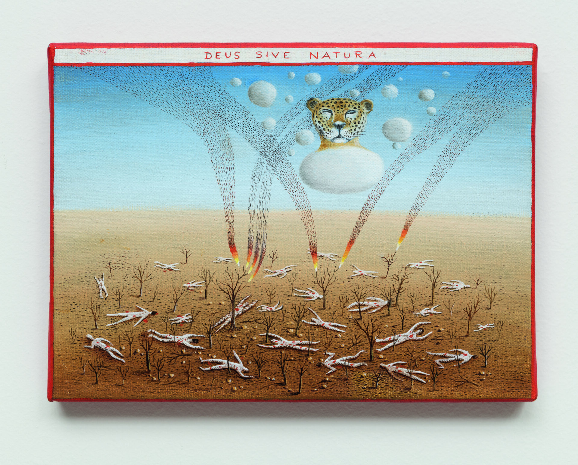 Descrição da imagem: Pintura surrealista em um terreno arenoso. No topo, uma tarja branca estreita exibe, em vermelho, a inscrição: Deus Sive Natura. A tarja e toda a tela do quadro são contornadas por uma fina linha vermelha.
Em um chão arenoso, diversos corpos humanoides brancos, com manchas vermelhas, estão deitados e espalhados entre árvores secas e pequenas pedras amareladas.
A partir da ponta de alguns galhos, sete rastros pontilhados se estendem para cima, com a base em degradês de vermelho, laranja, amarelo e branco, assemelhando-se a chamas. Fim da descrição. 
