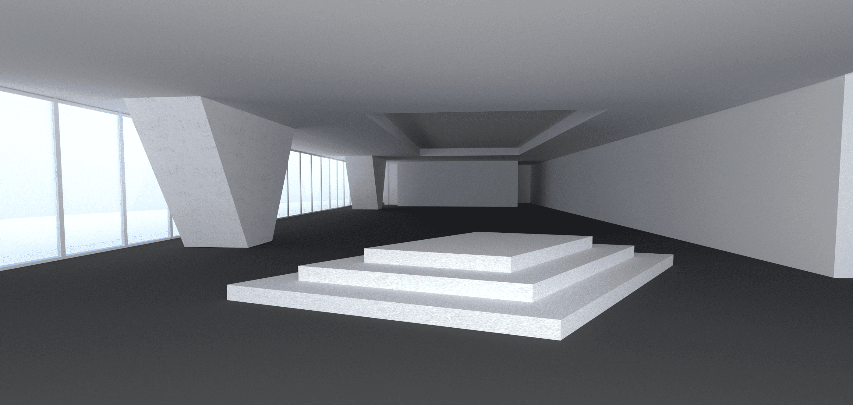 Descrição da imagem: Representação digital de um ambiente amplo e geométrico com paredes brancas e piso escuro . Ao centro, uma escada com degraus que formam uma pirâmide. A luz natural entra pela parede de vidro à esquerda. Fim da descrição da imagem.