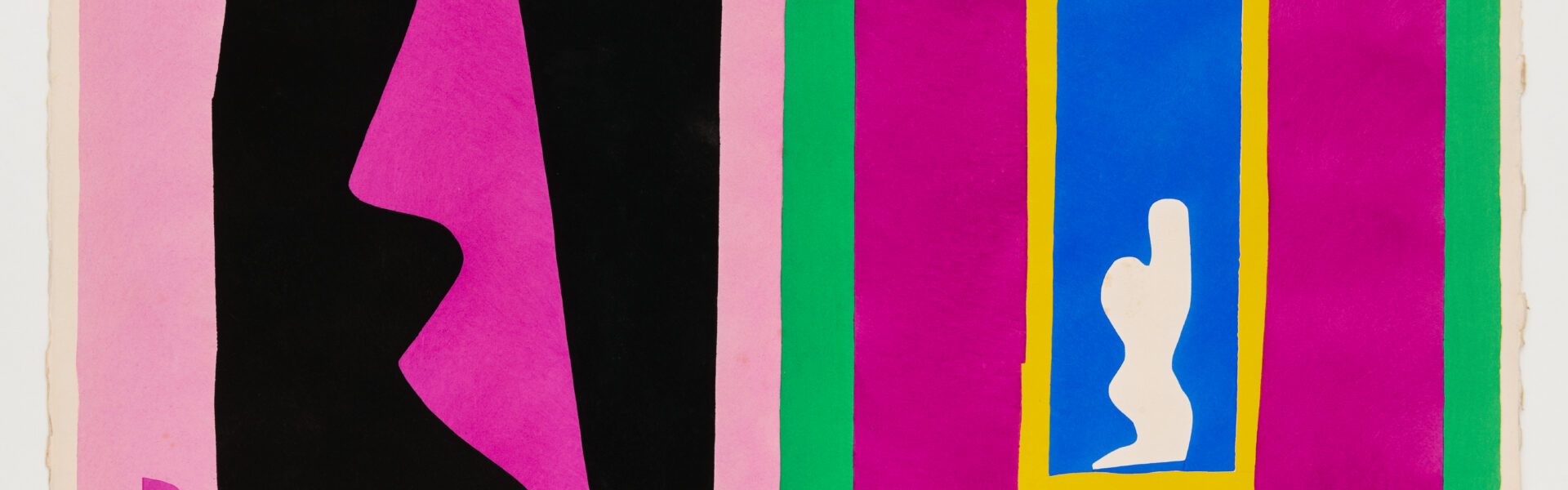 A imagem apresenta uma obra de arte abstrata e colorida, dividida em duas seções verticais, como se fossem duas páginas de um livro ou um díptico.

Seção da Esquerda:
Predomina um fundo rosa claro, que ocupa a maior parte da área. Sobre esse fundo, há uma grande forma abstrata e irregular em preto, que se estende verticalmente quase por toda a altura da seção. Esta forma preta tem contornos ondulados e orgânicos, lembrando uma silhueta ou um recorte abstrato. À direita da forma preta, e se conectando a ela em alguns pontos, há uma forma menor, também abstrata e orgânica, em um tom de rosa mais escuro (fúcsia ou magenta). Esta forma rosa mais escura se estende da parte inferior para o meio da seção, complementando a composição.

Seção da Direita:
Esta seção é dominada por um grande retângulo em um vibrante tom de magenta ou fúcsia. Este retângulo está emoldurado por uma borda vertical verde-esmeralda à esquerda e, discretamente, por uma borda branca nas outras extremidades. No centro do retângulo magenta, há outro retângulo menor em um tom de azul-cobalto intenso. Este retângulo azul, por sua vez, é emoldurado por uma linha fina e brilhante em amarelo-limão. Dentro do retângulo azul, há uma forma abstrata em branco, com contornos suaves e curvos, que lembra vagamente uma figura humana ou uma silhueta orgânica.

As duas seções estão lado a lado, com uma pequena separação no meio, e são caracterizadas por cores planas e formas recortadas, reminiscentes do estilo "cut-out" de Henri Matisse. A composição é ousada, com contrastes fortes de cores e uma sensação de movimento e equilíbrio através das formas abstratas.