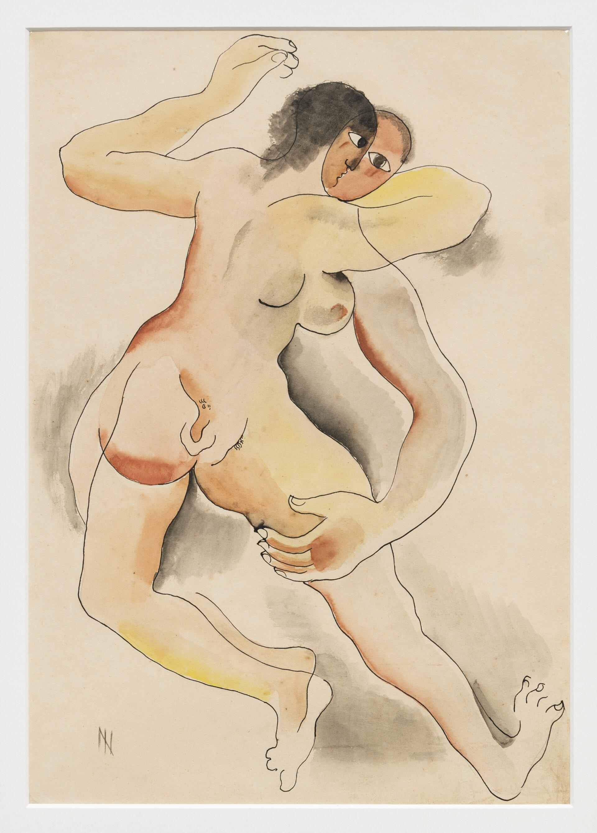 Descrição da imagem: Ilustração a lápis pintada com aquarela dos corpos nus de um homem e de uma mulher grudados. Eles são brancos e estão abraçados. Os corpos deles estão grudados e quase formam um corpo só. O rosto da mulher de cabelo preto sobrepõe-se ao do homem de cabelo castanho. O contorno de um seio dela está embaixo da axila esquerda dele e o contorno do pênis do homem é visto através do corpo da mulher. Fim da descrição. 
