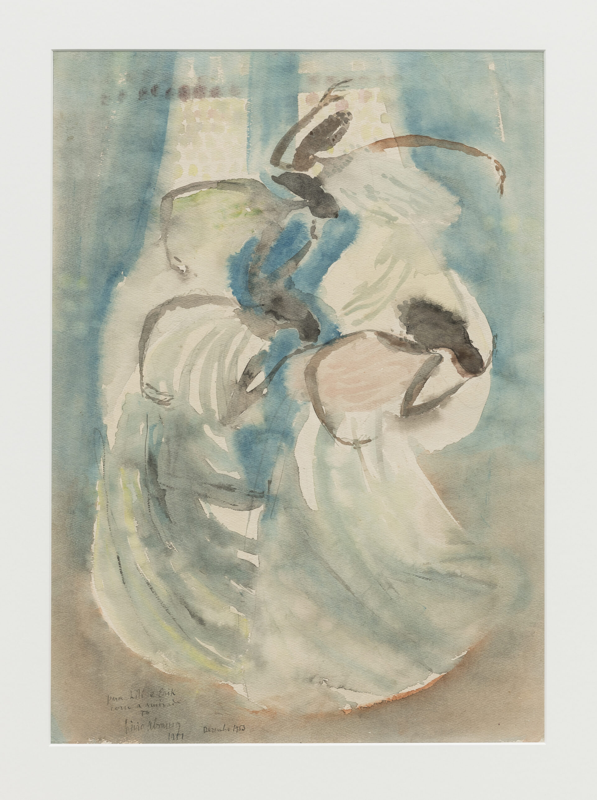 Descrição da imagem: Pintura em aquarela com tons de azul-claro, verde-claro, rosa, marrom, preto e branco. O contorno de quatro mulheres negras é representado. À esquerda, três delas estão de perfil direito, com o tronco inclinado para frente e os braços flexionados próximos ao corpo. À direita, a quarta mulher está de perfil esquerdo, também inclinada para frente. O braço esquerdo está erguido acima da cabeça e o direito ligeiramente levantado atrás do corpo. Todas usam vestidos longos e brancos, preenchidos pelas manchas em tons de azul-claro e verde-claro.
No canto inferior esquerdo, a inscrição: para Lilí e Erik, com a amizade. To Lívio Abramo. Mil novecentos e cinquenta e um. Dezembro de mil novecentos e três. Fim da descrição. 
