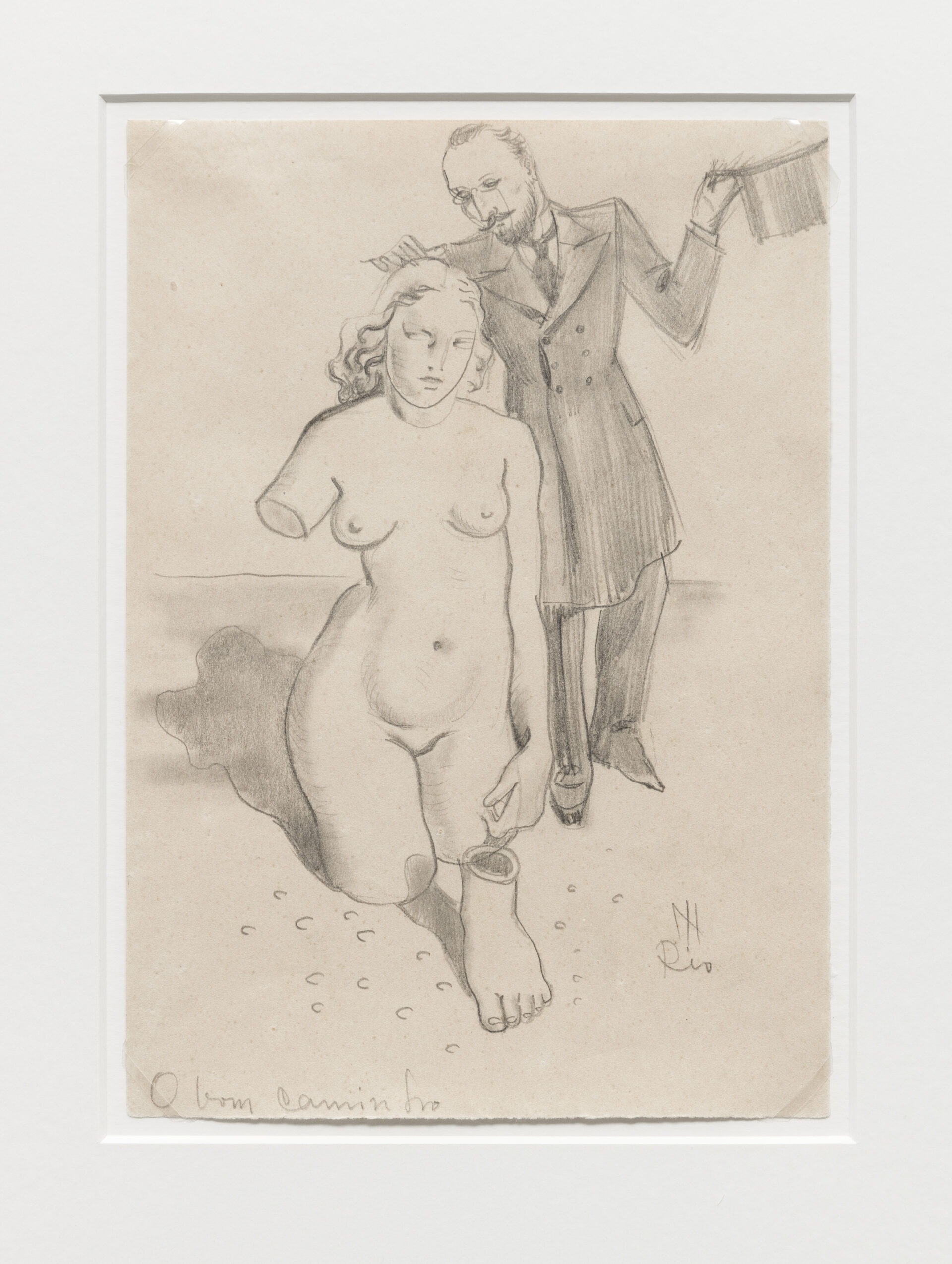 Descrição da imagem: Ilustração a lápis preto em papel branco de um homem em pé atrás de uma estátua feminina. Ele é branco, tem cabelos curtos, barba e bigode, e usa óculos pince-nez, cuja estrutura é desprovida de hastes e se fixa apenas sobre o nariz. Usa fraque, calça e sapatos sociais. Segura uma cartola na mão esquerda e está com as pontas dos dedos da mão direita nos cabelos da estátua.
O homem está com o olhar voltado para a escultura, que é branca e retrata uma mulher nua de joelhos, de costas para ele, com apenas o braço esquerdo. À frente da estátua, o pé esquerdo da escultura está separado do corpo. No canto inferior esquerdo, a inscrição: O bom Caminho. E no direito: Rio. Fim da descrição. 
