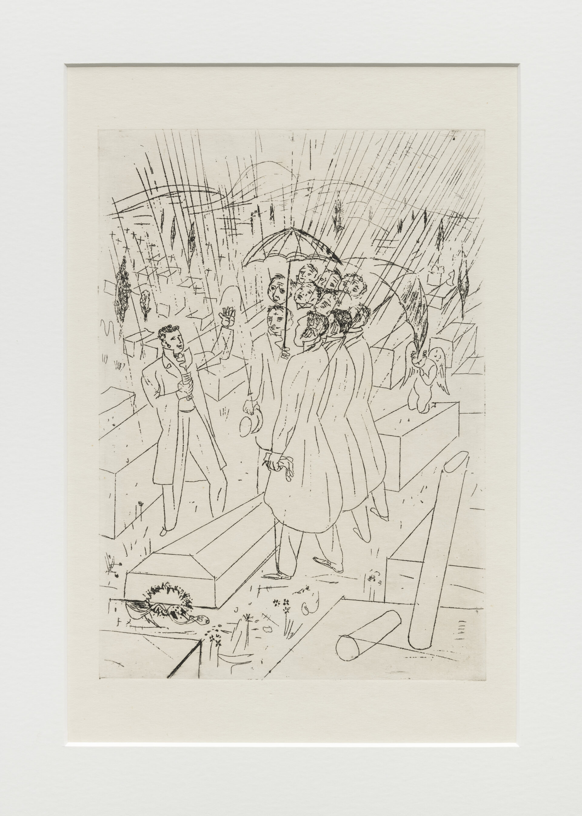 Descrição da imagem: Ilustração a lápis preto em papel bege, com traços finos, de homens em um cemitério sob chuva. Todos os homens, em total de 11, têm cabelos curtos, escuros e costeletas. Usam fraque, calça e sapatos. Um segura um guarda-chuva, outro um par de luvas e um terceiro um chapéu. Um deles está à frente dos outros, com a mão esquerda erguida. Os outros estão juntos olhando para o que está diante deles. Entre o homem sozinho e o grupo, há um caixão no chão. Ao redor, várias lápides e, sobre uma delas, há um anjinho com asas de cabeça baixa e as mãos juntas em posição de oração. Fim da descrição. 
