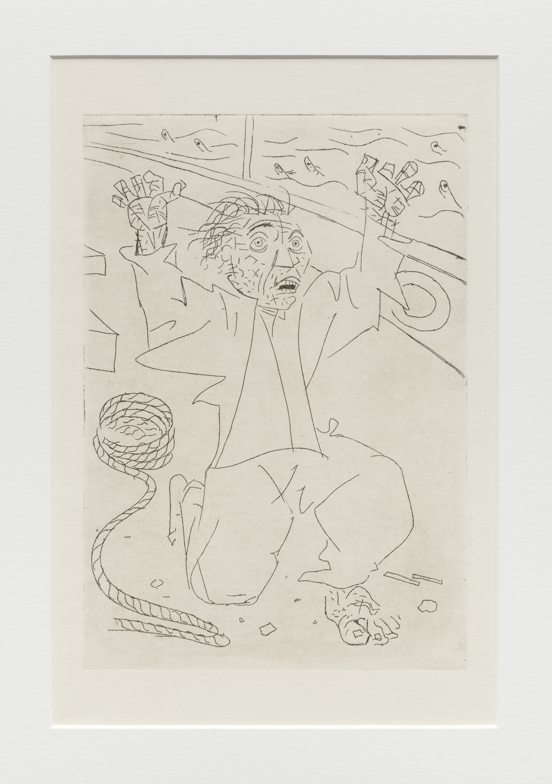 Descrição da imagem: Ilustração a lápis preto em papel bege, com traços finos de um homem visto de frente, agachado em um navio. Ele está com as mãos erguidas em gesto de rendição, com olhos arregalados e boquiaberto. O cabelo curto e desgrenhado acompanha a barba rala no rosto. Usa camisa larga de mangas compridas e calça. À esquerda, no chão, há uma corda enrolada. Ao fundo, há peixes com a cabeça fora da água. Fim da descrição. 
