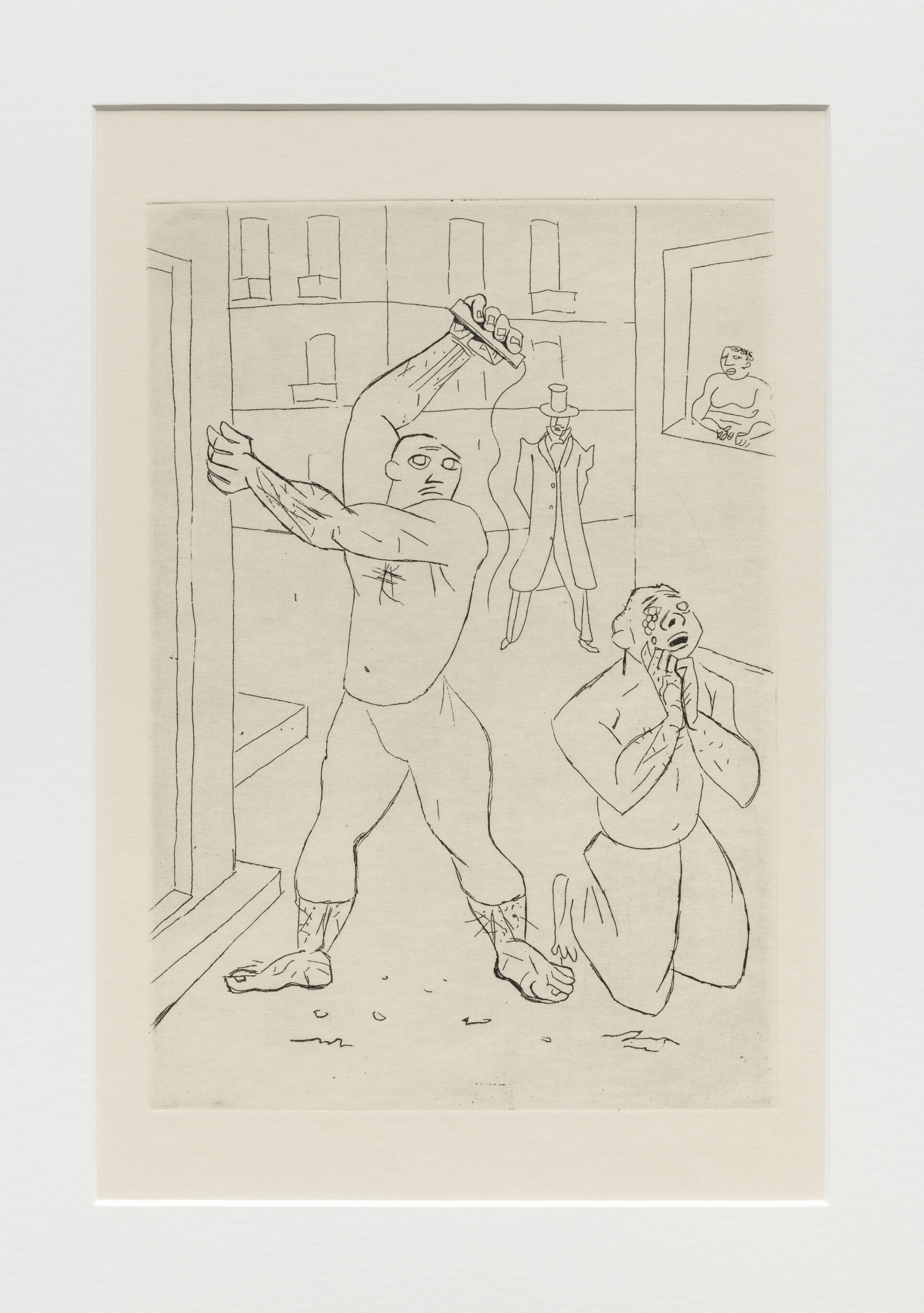 Descrição da imagem: Ilustração a lápis preto em papel bege, com traços finos, de um homem que chicoteia outro. Ambos estão de peito nu e descalços, usando uma calça curta. À esquerda, o homem que chicoteia está em pé; à direita, o que é chicoteado está de joelhos, com lágrimas no rosto, e as mãos unidas em posição de oração. Ao fundo, visto de frente, um homem em pé de cartola e fraque observa os dois. À direita dele, outro homem também observa da janela de uma casa. Fim da descrição. 
