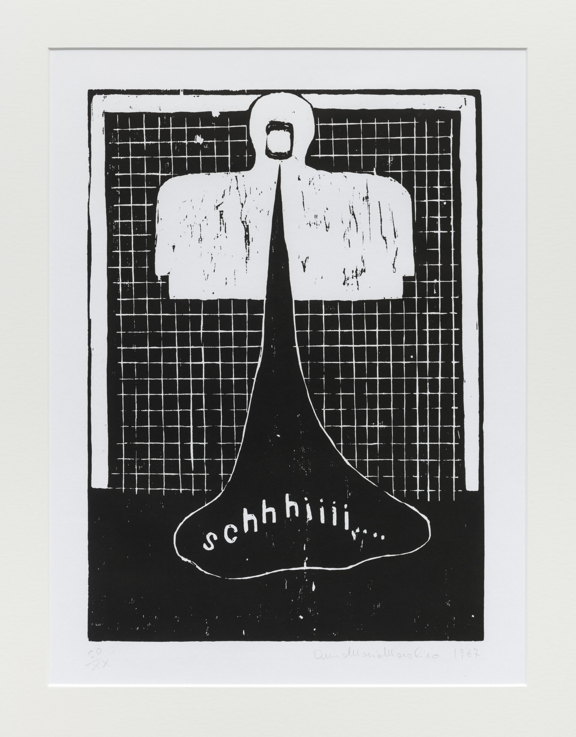 Descrição da imagem: Xilogravura em preto e branco. Ao centro, uma pessoa vista de frente, do peito para cima, toda em branco, com a boca aberta de onde sai um balão de diálogo preto com a palavra 'schhhiiii....' em letras brancas. O fundo é uma parede quadriculada em preto e branco.
Abaixo da gravura, a inscrição: Anna Maria Maiolino. mil novecentos e sessenta e sete. Fim da descrição. 
