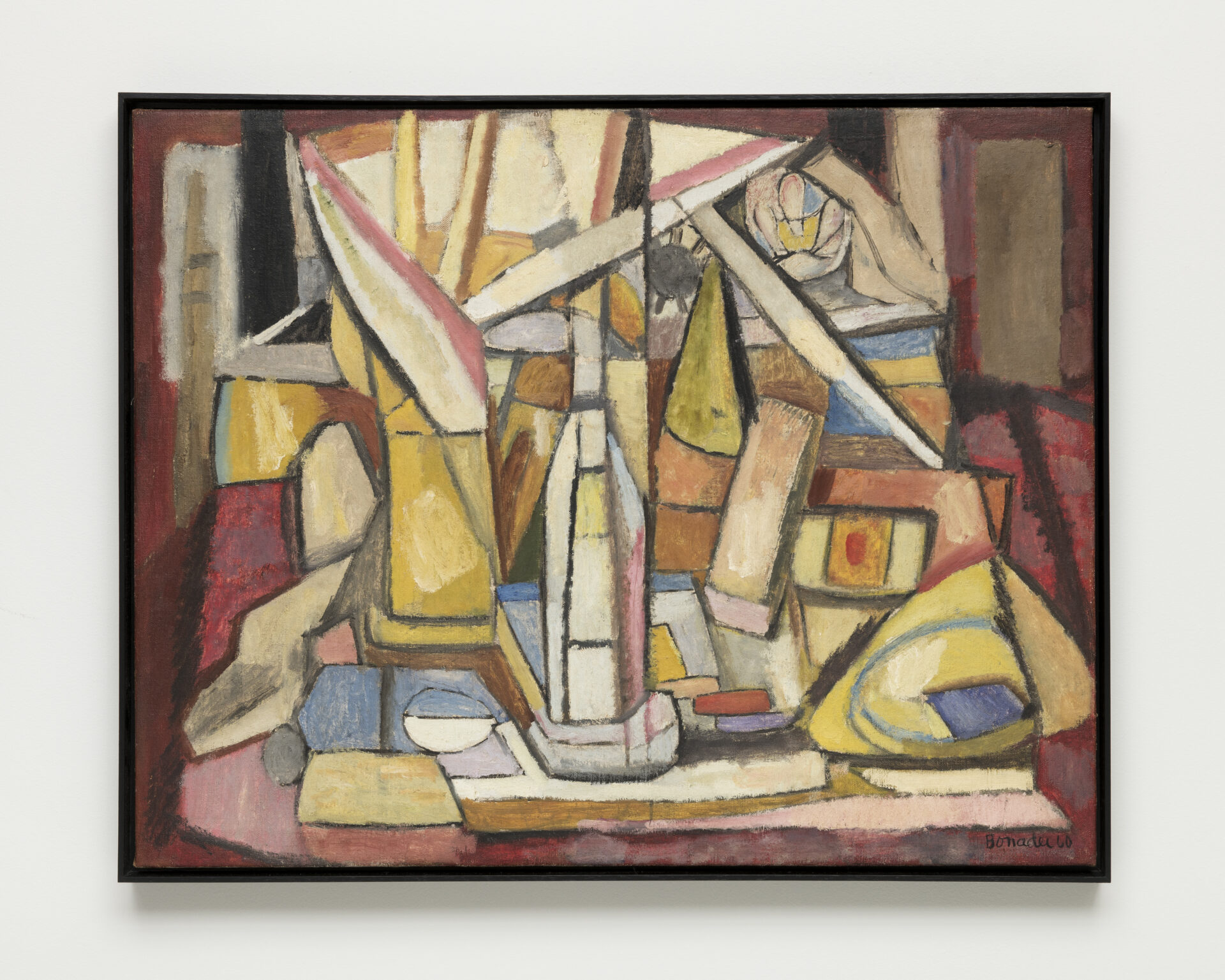 Descrição da imagem: Pintura cubista com sobreposição de figuras geométricas. Retângulos e outras formas de ângulos retos são contornados por traços pretos espessos e irregulares. Ao centro, uma figura vertical, alongada, com base larga e topo afunilado. Tons de amarelo, vermelho, marrom, branco, cinza e azul preenchem as formas. O fundo apresenta áreas em vermelho escuro, marrom e bege.
No canto inferior direito, há uma pequena assinatura em preto: Bonadei. Sessenta. A moldura é preta e fina. Fim da descrição. 
