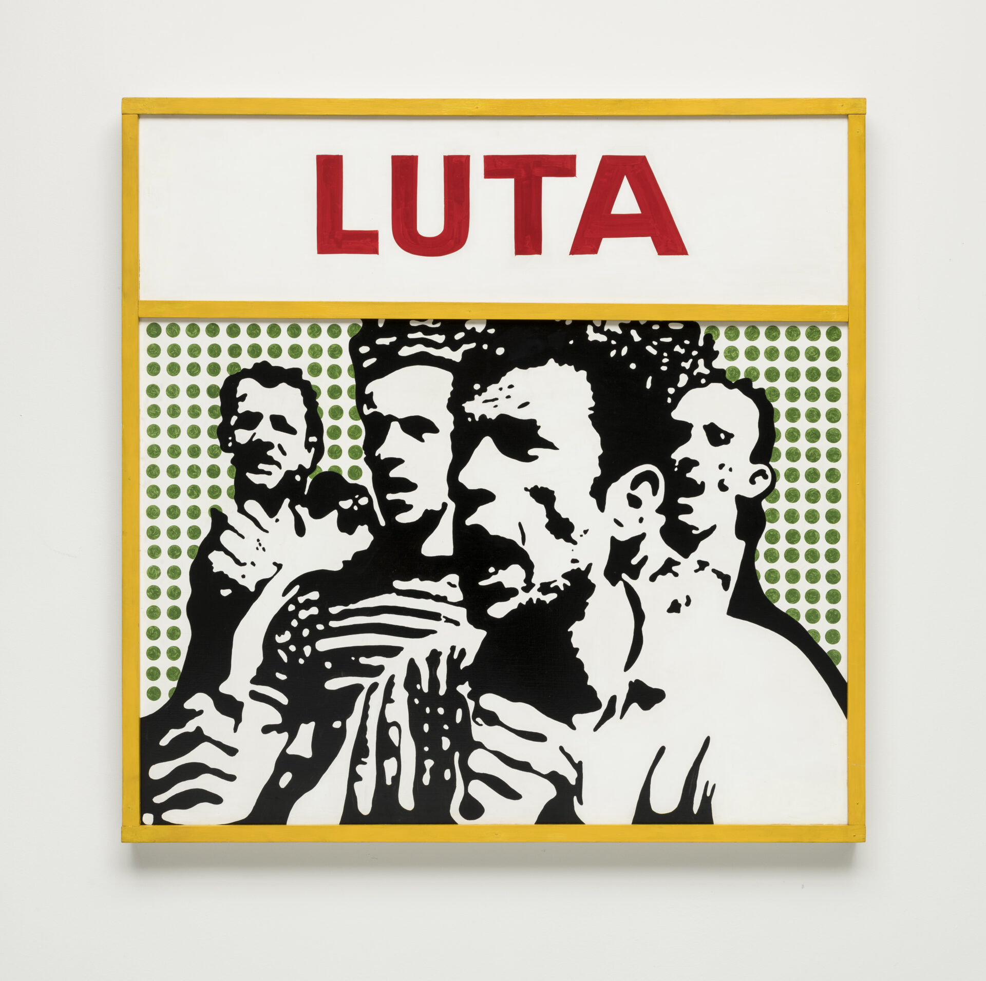 Descrição da imagem: Ilustração em tinta de quatro homens com as sobrancelhas contraídas e boca aberta. No topo, em um retângulo branco, o título “LUTA”, em letras vermelhas maiúsculas. Abaixo, em preto e branco, os homens são vistos de frente, do peito para cima e com o corpo levemente virado para a esquerda. Um está à frente, dois logo atrás dele e o quarto ao fundo. O homem da frente está com os punhos erguidos e cerrados diante do peito, e o do fundo mostra o dedo do meio da mão esquerda. O fundo é branco com bolinhas verdes. Uma moldura amarela contorna as bordas da pintura e do retângulo do título. Fim da descrição. 
