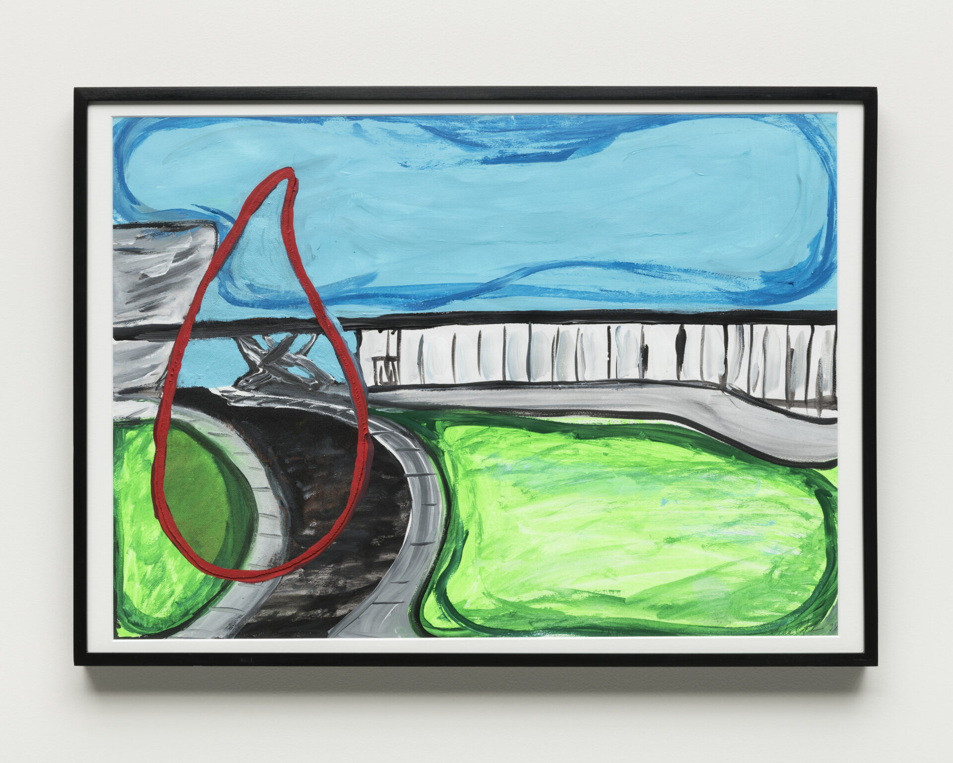 Descrição da imagem: Pintura da vista do MAM São Paulo, no Parque Ibirapuera. No centro da composição, o prédio do museu exibe uma estrutura branca, larga e horizontal. O teto, parte integrante da marquise do parque, atravessa horizontalmente a pintura, formando uma linha preta e espessa. A fachada envidraçada é composta por colunas verticais com finas linhas pretas.
À esquerda, há dois pilares de sustentação da marquise, em formato de X, e parte do prédio da Bienal de São Paulo, vizinho do museu.
Na parte inferior, extensas áreas de gramado verde cobrem a área aberta do parque. Um caminho sinuoso, em tons escuros, atravessa o gramado à esquerda, e leva até o museu. Na parte superior, o céu apresenta um azul intenso.
À esquerda, uma grande gota vermelha com interior vazado está sobreposta à pintura, contornando uma pequena parte do céu, dos dois pilares, do caminho sinuoso e do gramado. A moldura é preta e fina. Fim da descrição. 
