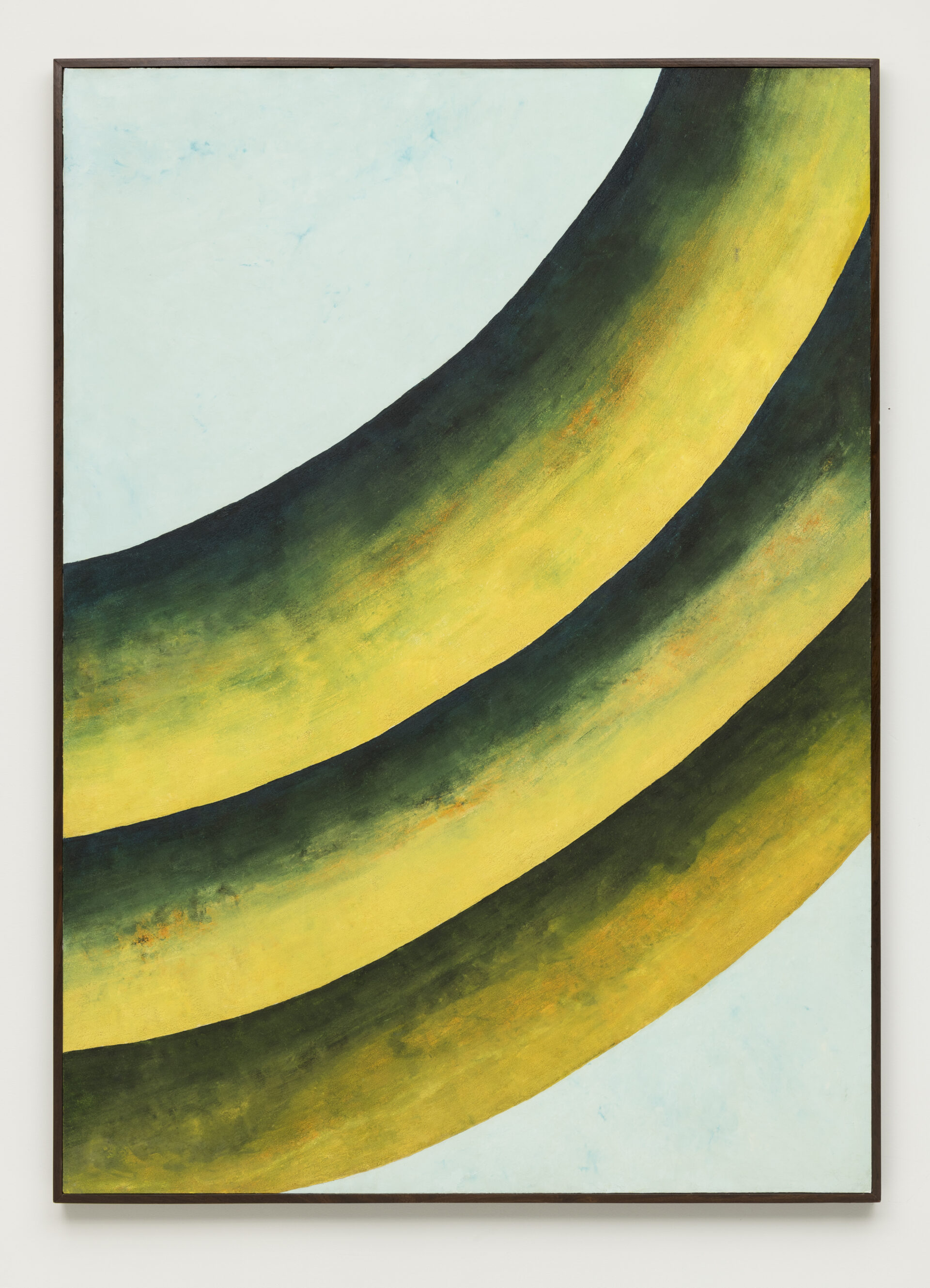Descrição da imagem: Pintura de três linhas largas e alongadas, dispostas na diagonal da parte inferior esquerda para a superior direita, ligeiramente curvadas para baixo. Cada linha exibe um degradê que vai do verde escuro na parte superior ao amarelo na inferior. O fundo é azul claro. A moldura é marrom e fina.Fim da descrição. 