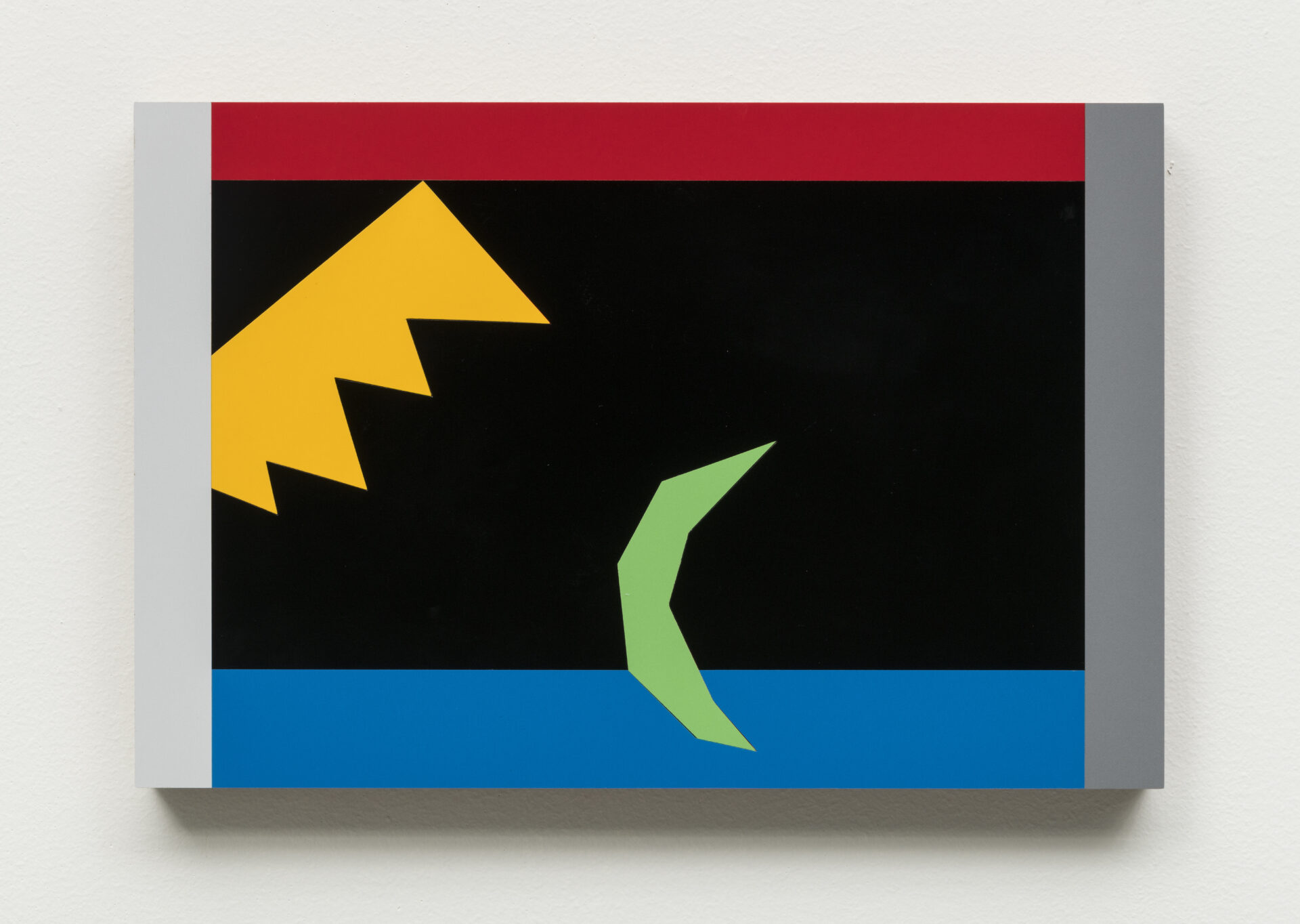 Descrição da imagem: com as mesmas características e formas da obra anterior, nas cores verde, preto, vermelho, amarelo, azul, cinza-claro e cinza-escuro. Fim da descrição. 
