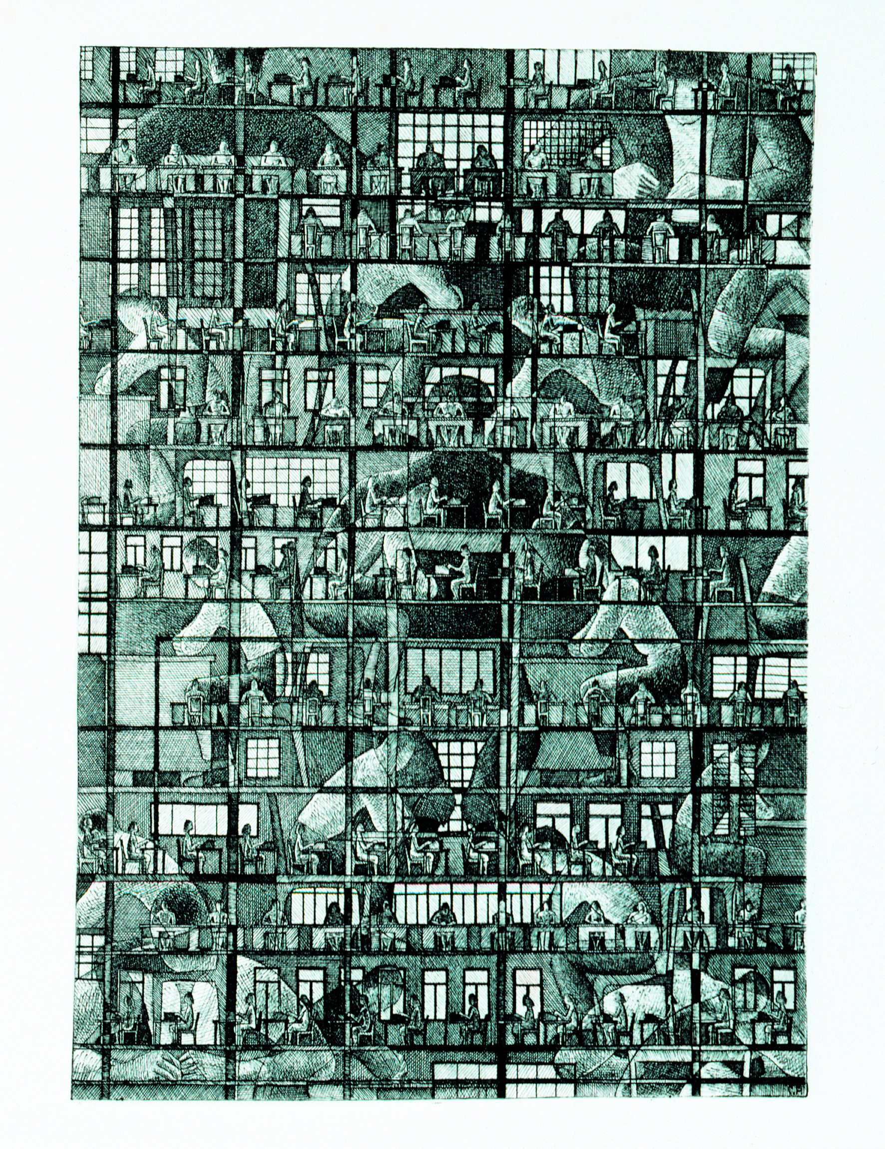 Descrição da imagem:  A obra na horizontal, é em preto e branco e mostra um edifício com vários andares. O desenho é feito de sombreamento e  hachuras, que são linhas paralelas e cruzadas, que dão  profundidade e textura. É dividida em uma grade de janelas, como se o edifício não tivesse paredes e todas as salas estão visíveis.  Cada uma mostra uma cena diferente, com pessoas sentadas às mesas e trabalhando. Ao fundo, pessoas gigantes também estão sentadas às mesas, trabalhando e são sobrepostas pelas primeiras imagens. Fim da descrição. 