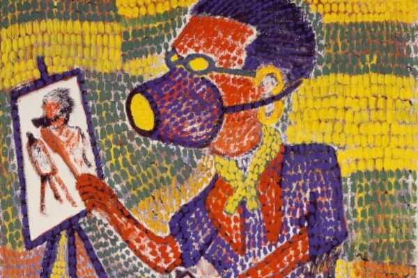 Imagem. Descrição da imagem: Uma pintura colorida, de estilo popular ou naïf, com técnica de pontilhismo. A figura central é um homem, o artista, sentado em uma cadeira e pintando um autorretrato em um cavalete. O homem está vestido em tons de azul e vermelho, com a pele também em pontilhismo vermelho. Ele usa óculos amarelos e uma grande máscara roxa e amarela que cobre a boca e o nariz, com um tubo ou bocal amarelo que se projeta. Um lenço amarelo está envolto em seu pescoço. O fundo é um padrão xadrez de pontilhismo nas cores amarelo, verde e vermelho, criando uma textura vibrante. À esquerda, o cavalete sustenta uma pequena tela que retrata uma figura similar, também em estilo pontilhado. Na parte inferior direita, uma obra branca emerge do lado de fora do assento. Fim da descrição.