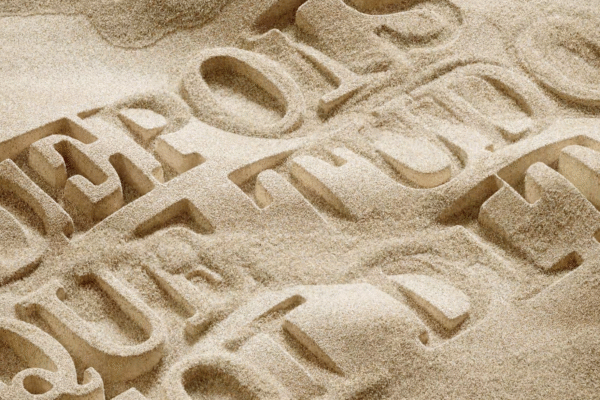 Imagem. Descrição da imagem: Um plano detalhado em ângulo diagonal mostra palavras esculpidas em relevo diretamente na areia fina e clara. As letras são grandes, bem definidas e possuem profundidade, criando sombras suaves em seus contornos devido à iluminação natural e difusa do ambiente. No texto visível, distribuído em várias linhas sobrepostas, é possível ler claramente os termos 