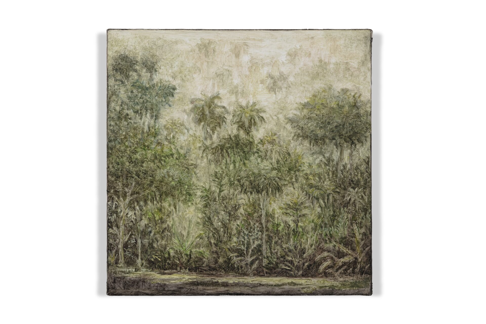 Descrição da imagem: Pintura de uma vegetação esverdeada. Em todo o quadro, há árvores de diferentes alturas, formando uma mata densa. Algumas têm folhas alongadas; outras, copas arredondadas. O chão é marrom. O céu, claro e amarelado, está ao fundo. Fim da descrição da imagem.

