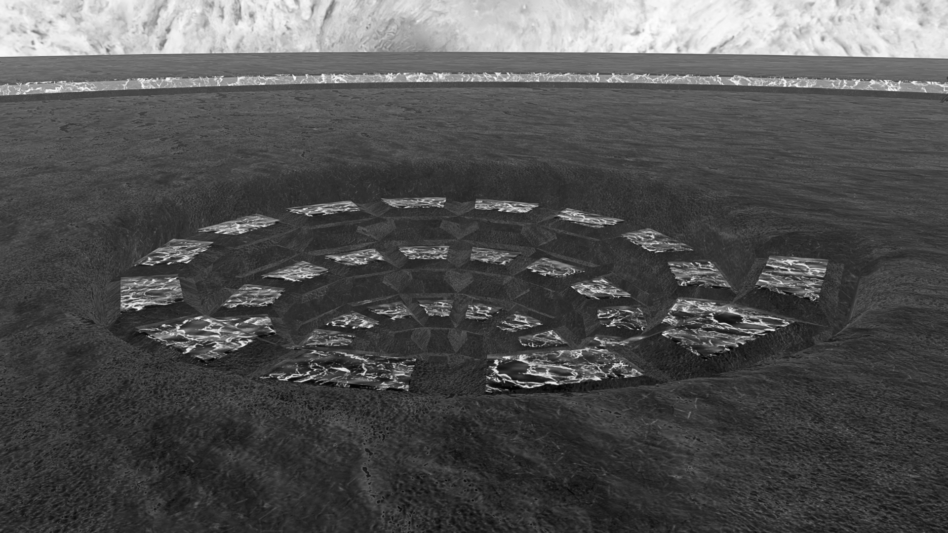Descrição da imagem: Fotografia horizontal em preto e branco de outra área do espaço virtual, vista de perto.
No centro, a grande cavidade circular com bordas inclinadas para dentro. No interior da cavidade, diversas placas retangulares claras estão dispostas lado a lado, formando uma composição espiralada, que vai diminuindo até a parte inferior da cavidade.
O solo plano e escuro, com superfície marcada por pequenos relevos irregulares, e a elevação baixa marcada pela linha horizontal, que vai da esquerda para a direita, e acima da linha, o solo segue até a linha do horizonte.  Fim da descrição da imagem.