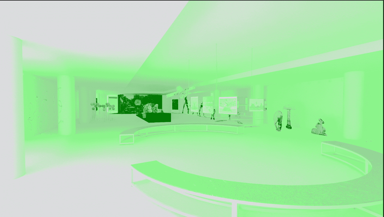 Descrição da imagem: Fotografia da perspectiva interna do terceiro pavimento do MAC USP, vista a partir da entrada. Tonalidades de verde neon dominam o ambiente.
No centro, dois bancos curvos do sistema modular, compostos por tampo plano de madeira e apoios metálicos visíveis na parte inferior, estão dispostos um de frente para o outro, formando um conjunto simétrico.
Na lateral direita, perto da parede, estão algumas esculturas de Marina Woisky, como Veados em L e Coluna de jardim, também em predominância verde neon com áreas em preto.
Ao fundo, diferentes obras estão distribuídas pelo espaço expositivo, entre elas a obra Satélite Esqueleto Âmbar, de Noara Quintana, suspensa no teto.
Grandes colunas cilíndricas claras nas laterais do espaço sustentam o teto de pé-direito baixo, igualmente iluminado em verde neon. O piso é liso, com nuances em verde neon e branco. Fim da descrição da imagem.
