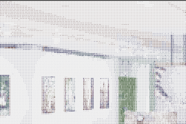 Imagem. Descrição da imagem: Uma renderização de arte digital que se assemelha a uma imagem feita com caracteres ASCII ou blocos de pixels grandes e coloridos, com uma paleta de cores limitada, incluindo tons de cinza claro, azul, roxo e verde. A composição sugere vagamente uma cena arquitetônica ou um portal com elementos verticais e horizontais em contraste com uma área mais clara. As formas são abstratas e geométricas, compostas por pequenos pontos e blocos coloridos, criando uma textura granulada e digitalizada. Fim da descrição.