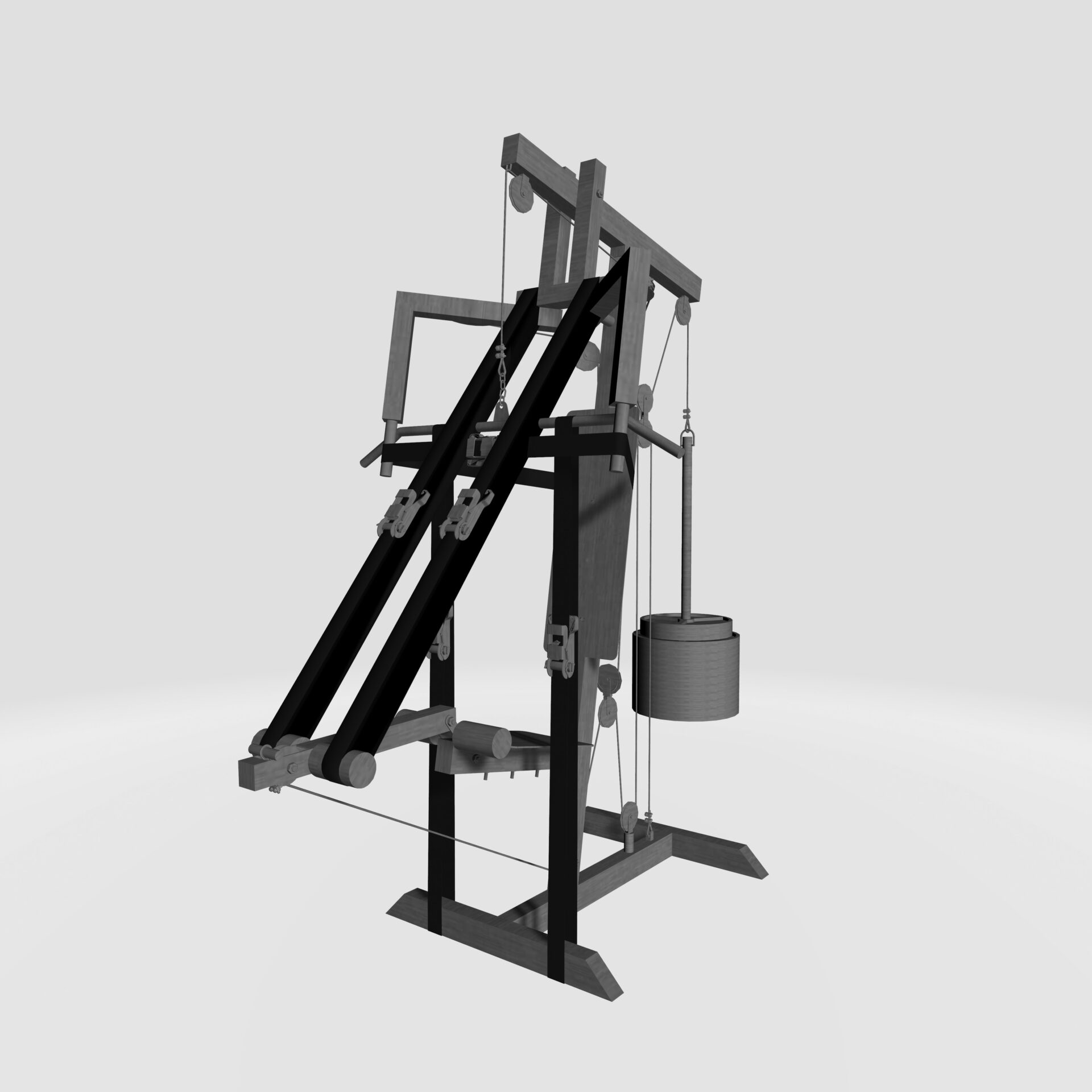 Descrição da imagem: Fotografia vertical de um projeto digital tridimensional de um equipamento de musculação composto por barras metálicas, fios de metal, polias e pesos. A base, em formato retangular, sustenta um conjunto de peças verticais e diagonais unidas por suportes metálicos. Na parte frontal, duas barras pretas inclinadas conectam-se ao topo da estrutura, onde os fios de metal passam pelas polias e sustentam alguns pesos cinza em formato de discos, à direita, suspensos no ar. A estrutura se assemelha a um equipamento de musculação estilizado. Fim da descrição da imagem.