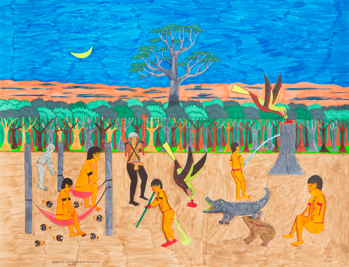 Descrição da imagem: Ilustração de sete pessoas indígenas, a maioria com a pele pintada de amarelo-alaranjado e cabelos pretos e curtos.
À esquerda, um indígena com a pele pintada de branco, com pontos pretos, está de perfil direito, com o tronco levemente inclinado à frente.
Na parte inferior, dois indígenas estão sentados, cada um em uma rede fixada em troncos cinza e finos. Um olha à direita, e o outro está com o olhar voltado para baixo. No chão, ao redor deles, estão espalhados sete bichinhos com cabeça arredondada e marrom, olhos azuis e corpo cilíndrico; alguns têm bico e outros, chifres.
Ao centro, há um indígena com os braços pintados de laranja, o peito e a barriga pintados de amarelo, e pontos pretos distribuídos pelo tronco, pelos braços e pelas laterais do rosto. As pernas são pintadas de marrom-escuro, e o pênis é amarelo e ereto. Está com os braços erguidos.
Na parte inferior, um indígena de perfil esquerdo, com faixas de pontos pretos no tronco e na perna, está em pé e segura um instrumento de sopro verde, longo e cilíndrico, com uma extremidade introduzida na boca. Da região das nádegas, há uma pequena defecação representada por um triângulo alongado em verde-claro.
Ao lado, há um grande pássaro verde, marrom, amarelo e preto, com o bico inclinado para baixo, encostado em um pequeno círculo vermelho, que representa fogo.Perto dele, há um jacaré cinza com a boca aberta e uma rã bege, com pontos vermelhos na lateral do corpo e na frente da pata dianteira esquerda.
Perto do jacaré, um indígena com pontos vermelhos está de costas, com as mãos à frente do quadril, de onde sai um jato fino azul que vai até uma árvore cinza, com o tronco cortado e o topo com outra mancha vermelha, que representa fogo. Outro pássaro verde, marrom, amarelo e preto está com o bico inclinado para baixo, encostado no topo do tronco, na parte vermelha. À direita inferior, outro indígena com pontos vermelhos, está sentado e olha à esquerda.
Ao fundo, uma fileira de árvores com troncos finos em tons de marrom e laranja, e copas pequenas em tons de verde. No centro superior, há uma grande árvore de tronco espesso e copa esverdeada.
Atrás das árvores, há uma sequência de montanhas alaranjadas que se estendem horizontalmente.
No céu azul, à esquerda, uma lua amarela crescente.
No canto inferior esquerdo, a assinatura do artista, em preto: Joseca Mokahesi Yanomami. Dois mil e vinte e quatro. Fim da descrição da imagem.
